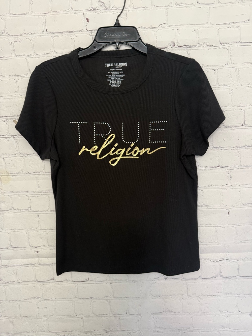 NWOT True Religion Black Short Sleeve Ribbed Tee with Gold Logo Size Lg